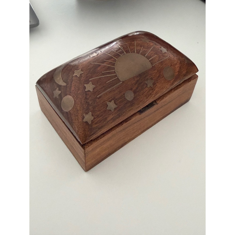 Trinket Box Good Vintage Wooden Celestial Sun Moon Star Brass Inlay